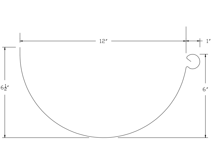 12" Half Round Gutter profile with inside bead profile profile drawing