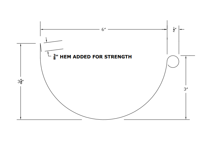 6" Half Round Gutter profile with outside bead profile drawing