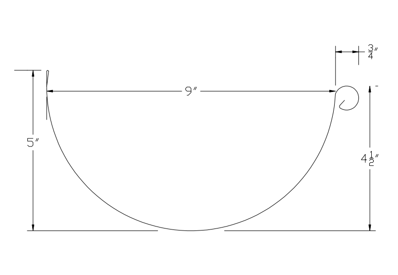 8" Half Round Gutter profile with inside bead profile profile drawing