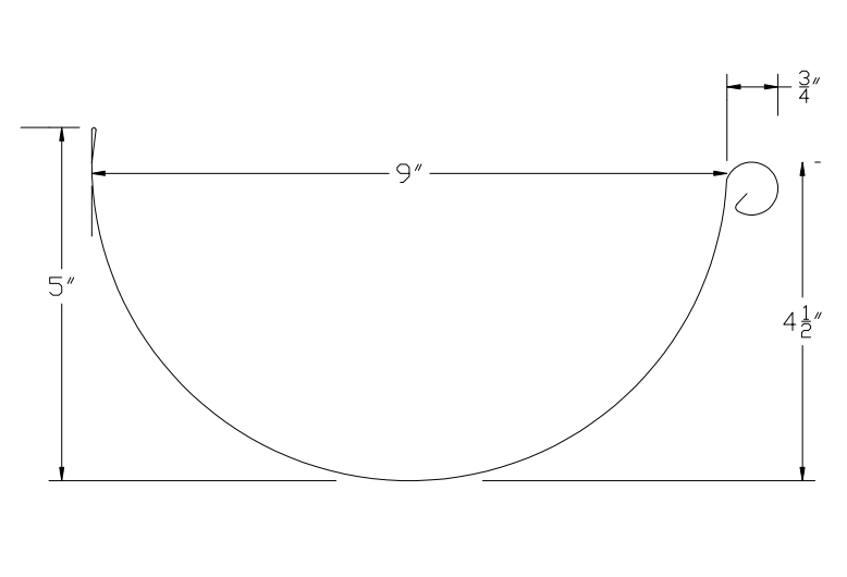 9" Half Round Gutter Profile profile drawing